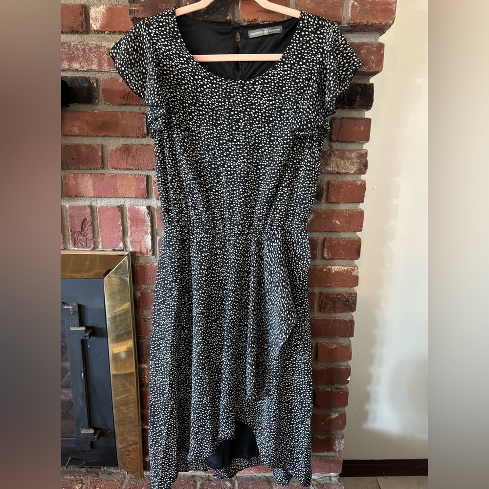 Black and White Polka Midi Dress with Ruffle Sleeves Classic Size Small Petite